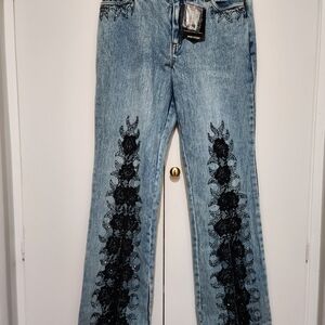 Chic Blue Flare Jeans with Black Embroidery